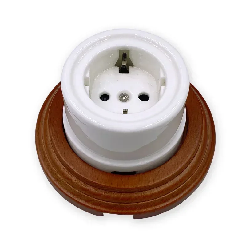 Home Improvement Retro Ceramic EU Electrical Wall Socket 1-3 Hole Wooden Base European Style Wall Outlet
