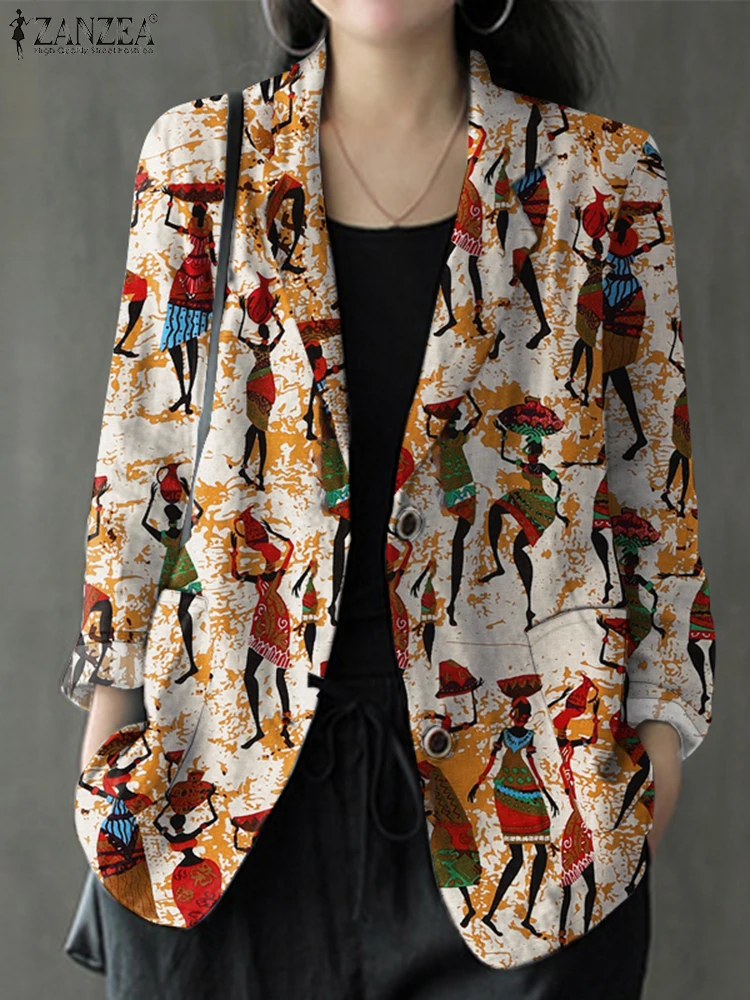 

2025 ZANZEA Women Autumn Cotton Blazer Vintage Long Sleeve Floral Printed Coats Lapel Neck Thin Coats Casual Loose Suits Outwear
