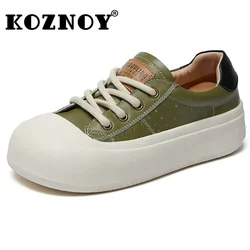 Koznoy Hi Top Leather Sneaker Women 4.5cm Genuine Vulcanize Platform Flats  Women Summer Loafer High Brand Lace Up Fashion Shoes