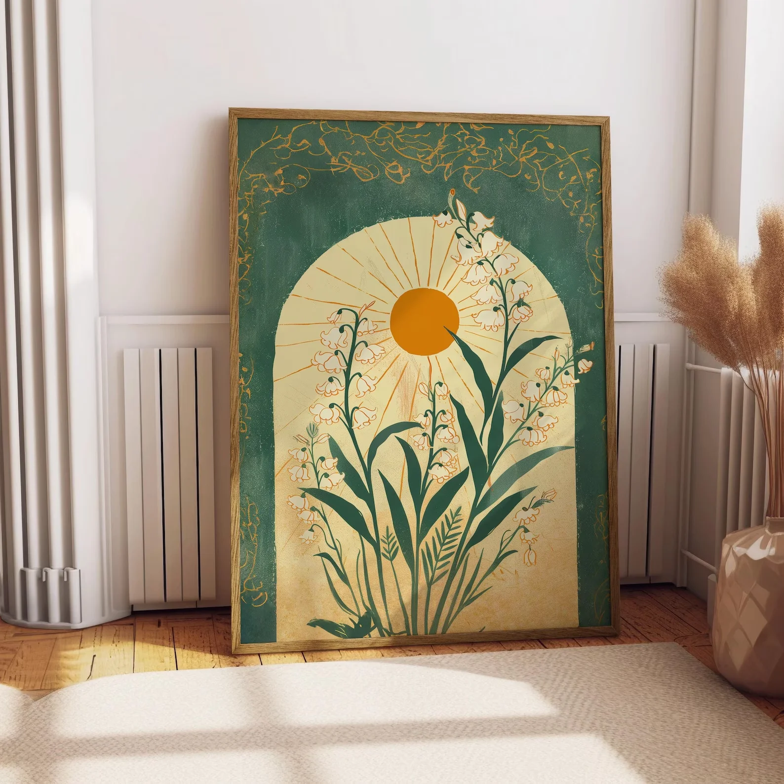 Maiglöckchen, smaragdgrüne Sonne, Kunstposter, mystische Volkskunst, Illustration, Stierenschild, blumiger spiritueller Druck, botanischer Boh