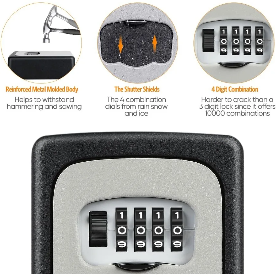 Настенный 4-значный кодовый сейф для наружного и внутреннего использования. Надежное решение для хранения ключей с емкостью 5 ключей. Идеально подходит для