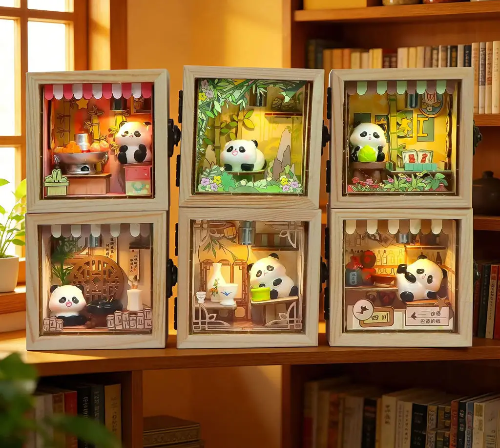 DIY Panda Miniature Scene Box, 3D Wooden Puzzle Kit with LED Light, Handmade Dollhouse Decor, Educational Toy & Gift for Kids