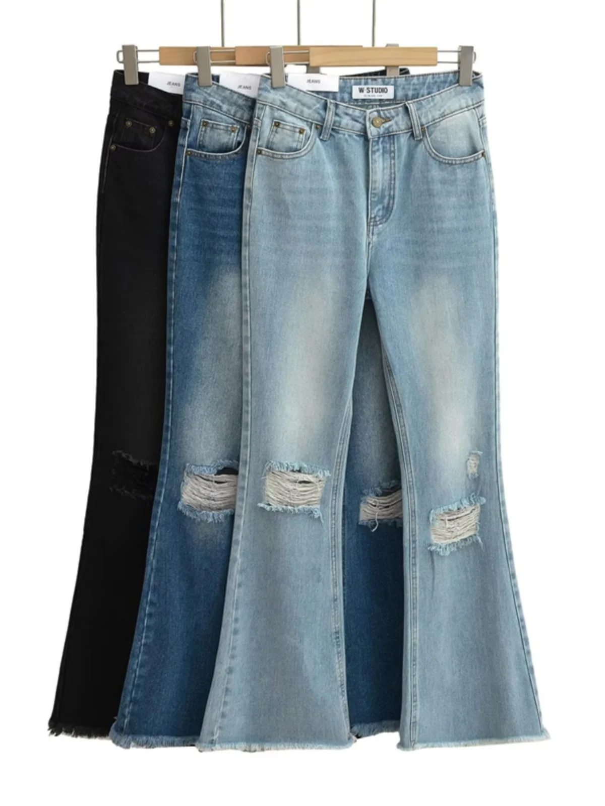 Pantalones vaqueros americanos Retro descoloridos Bell Bot, pantalones largos de cintura alta, adelgazantes, cónicos, deshilachados, hasta el suelo, corte de bota, pantalones vaqueros