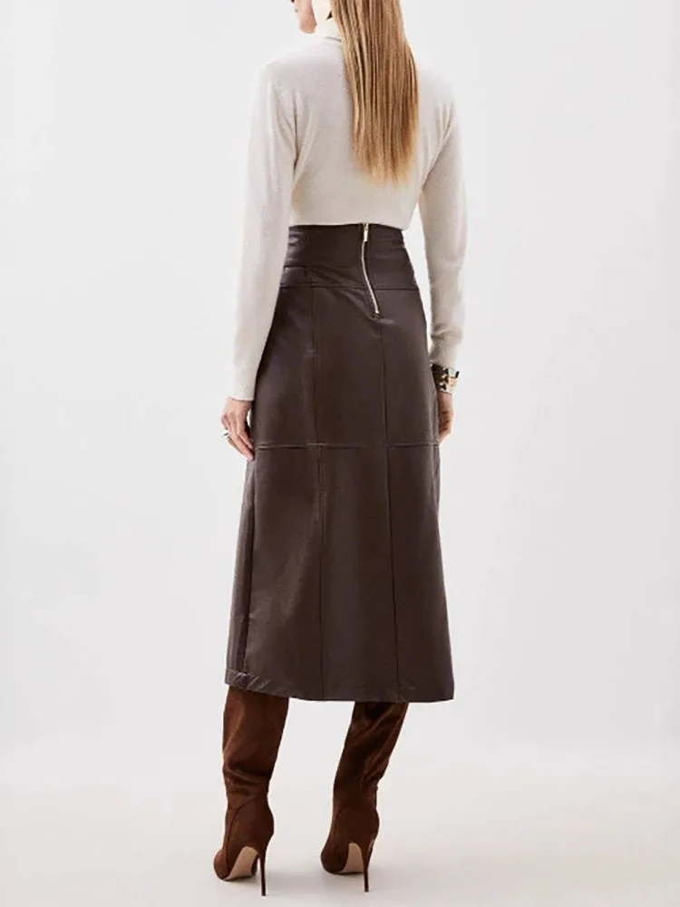 Damska, regulowana, asymetryczna długa spódnica, seksowna z rozcięciem, jednolita, dopasowana spódnica imprezowa, elegancka spódnica z wysokim stanem z ekoskóry.