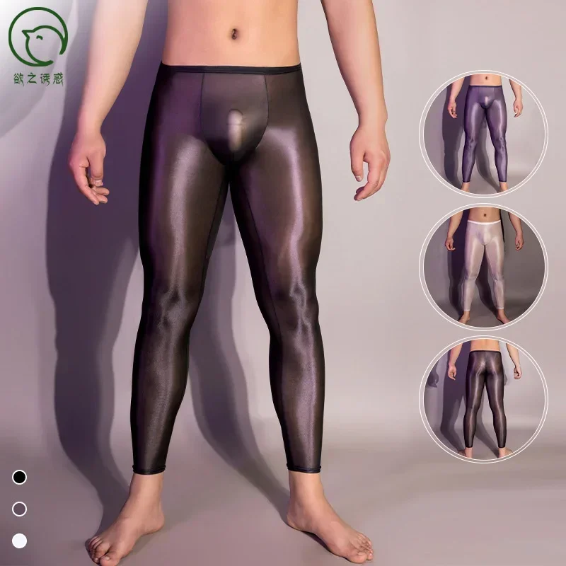 Glossy Sexy Ultra-thin Mens See Through Ice Silk Leggings Long Johns Lounge Sleeping Pants Underwear