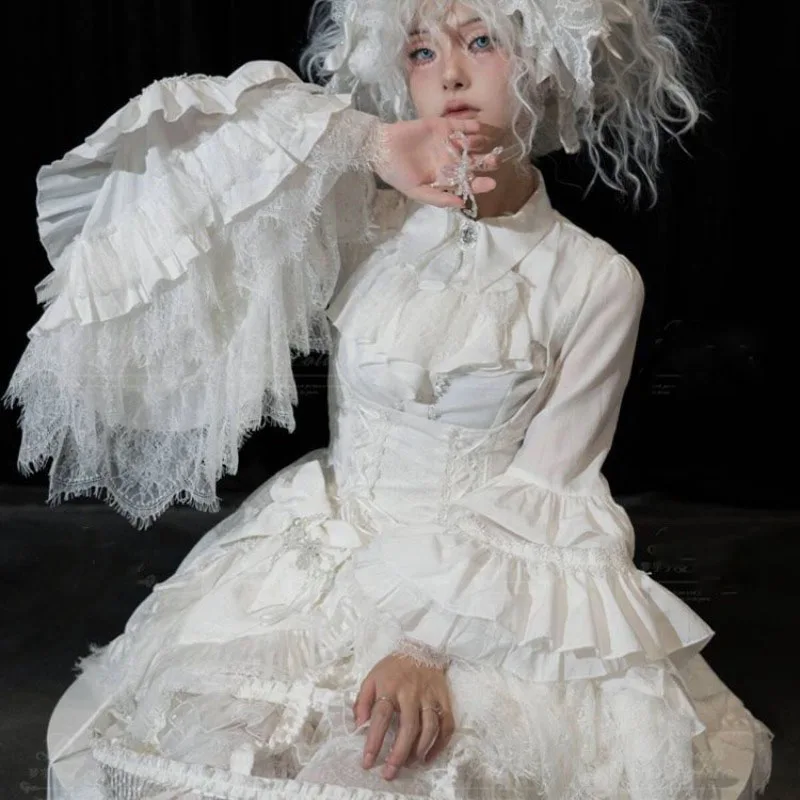 

Dark Gothic Lolita Harajuku Women's Blouses Y2k Vintage Lace Patchwork White Shirt Women Tops Camisas De Mujer Black Shirts