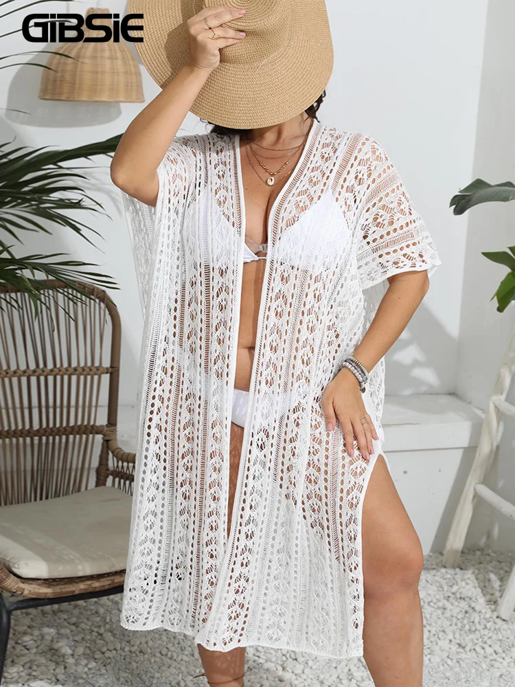 

GIBSIE Plus Size White Kimono Bikini Cover Up For Women 2023 Holiday See Through Hollow Out Knitted Split Long Beach Cover-ups