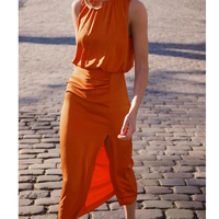 Summer Women O Neck Sleeveless Ruched Midi Long Orange Dress Sexy Front Slit Hem High Street Dresses Satin Vestidos