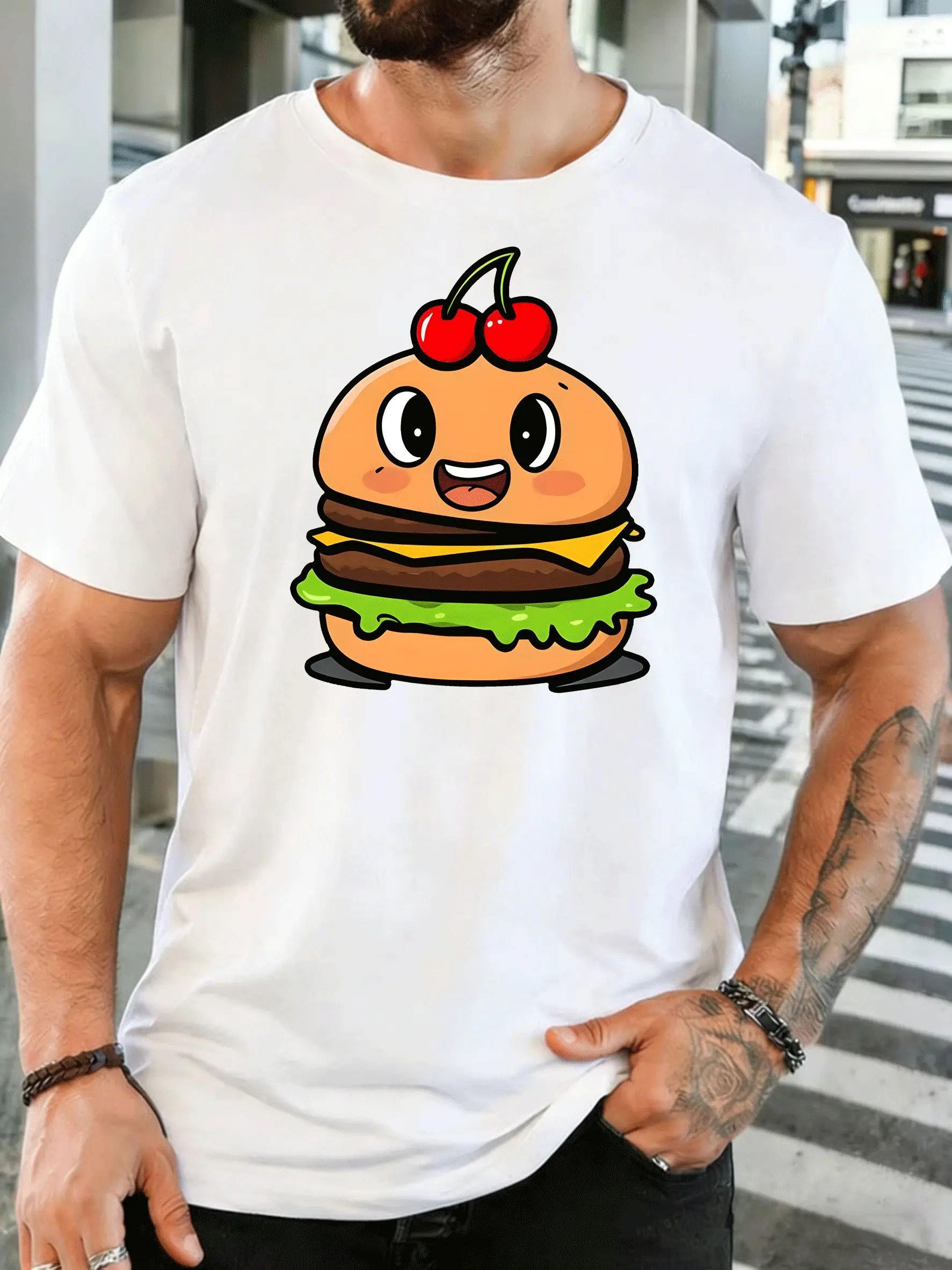 Men Short Sleeve T Shirt Cute Burger Cherry Graphic Tee Food Print Tops Summer Soft Cotton Casual Street Wear For Adult Male