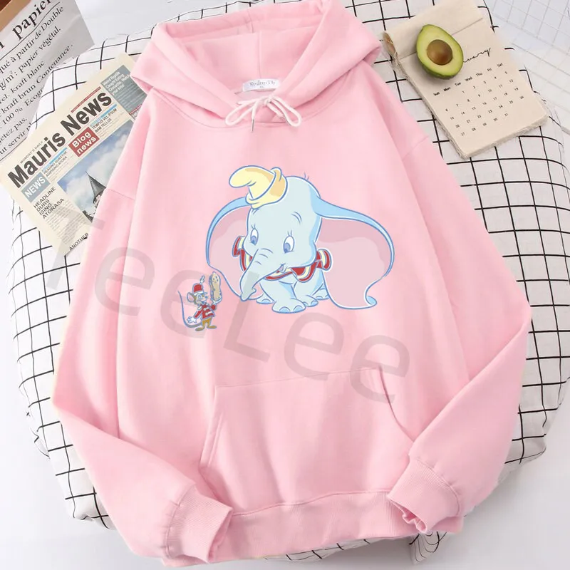 Pink Dumbo Women Hoodies Sweatshirt Print Timothy Q Mouse Oversized Hoody Cute Cartoon Hoodie Streetwear Fuuny Tops