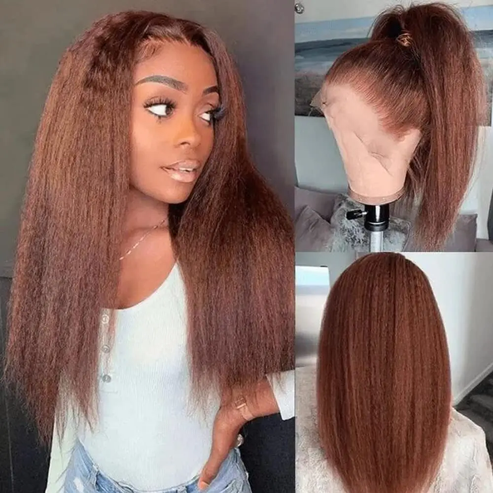 

26Inch Long Yaki Soft 180%Density Natural Brown Kinky Straight Lace Front Wig Preplucked Glueless Wig For Women Baby Hair Daily