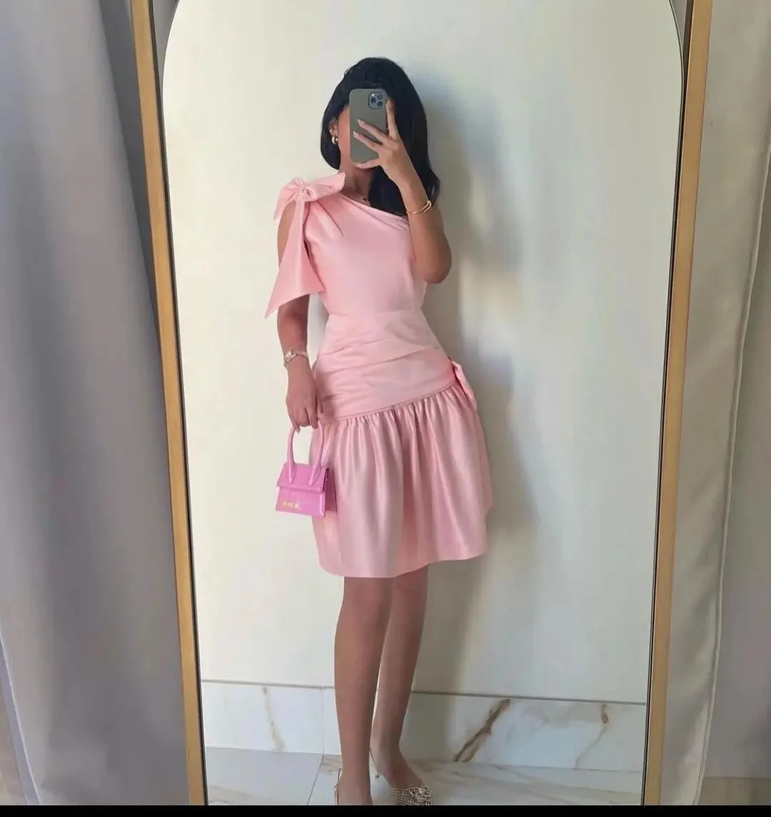 Vestido cetim sem mangas de um ombro para meninas, lindo baile rosa, vestido curto de baile, feliz vestido de baile, novo