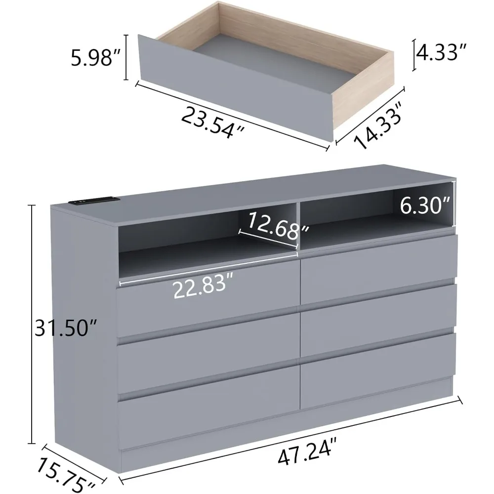 Drawer Double Dresser Power Outlet Accent Chests of Drawers with LED Light Storage Dresser with Charging Station (Mirror Not)