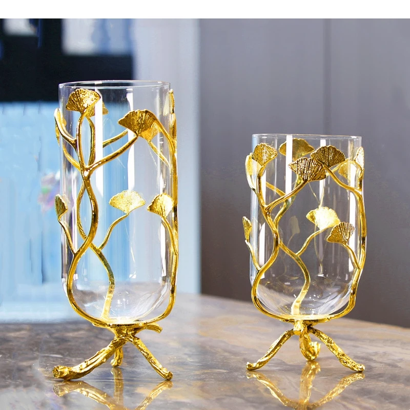 Glass Vase Golden Ginkgo Leaf Metal Flower Stand Hydroponic Flowerpot Openwork Room Decoration Accessories