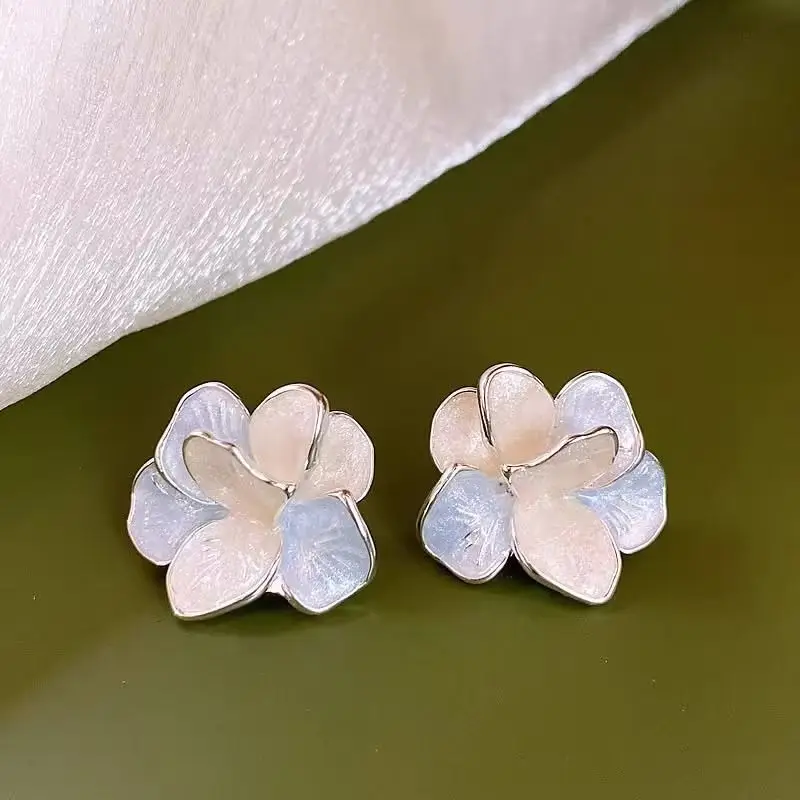 925 Silver Needle Korean Fashion Blue Flower Earrings For Women Jewelry 2026 Trending New Women's Purple Dripping Oil Earrings
