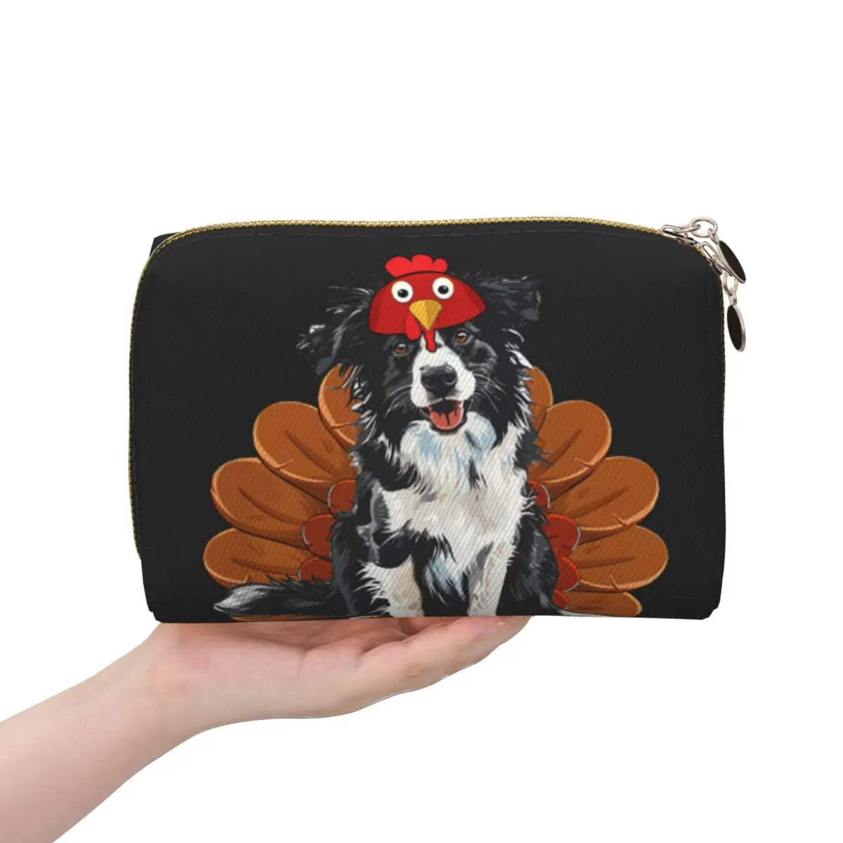 Dog Lovers Border Collie Turkey Dish Happy Thanksgiving Women Cosmetic Bag Travel Makeup Organizer Pouch Toiletry Storage Dopp