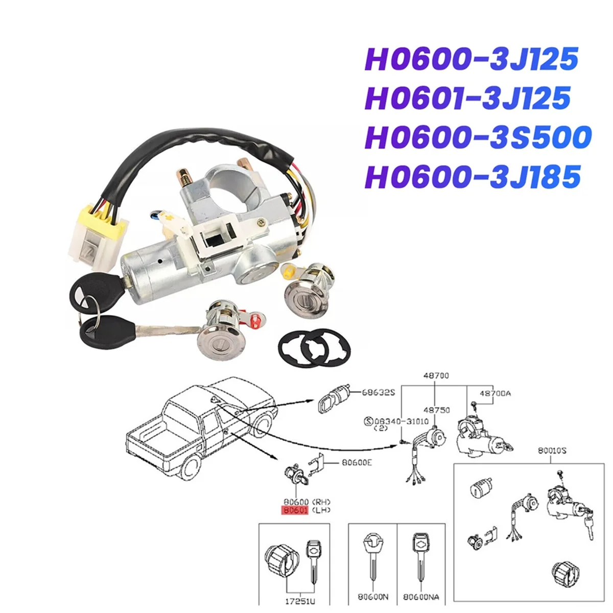 Car Door Lock Cylinder Ignition Switch Key Kits H0600-3J125 for Nissan Altima Frontier Pathfinder Xterra H06000W000