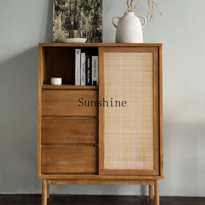 Modern minimalist teak handmade rattan sliding door living room antique side cabinet