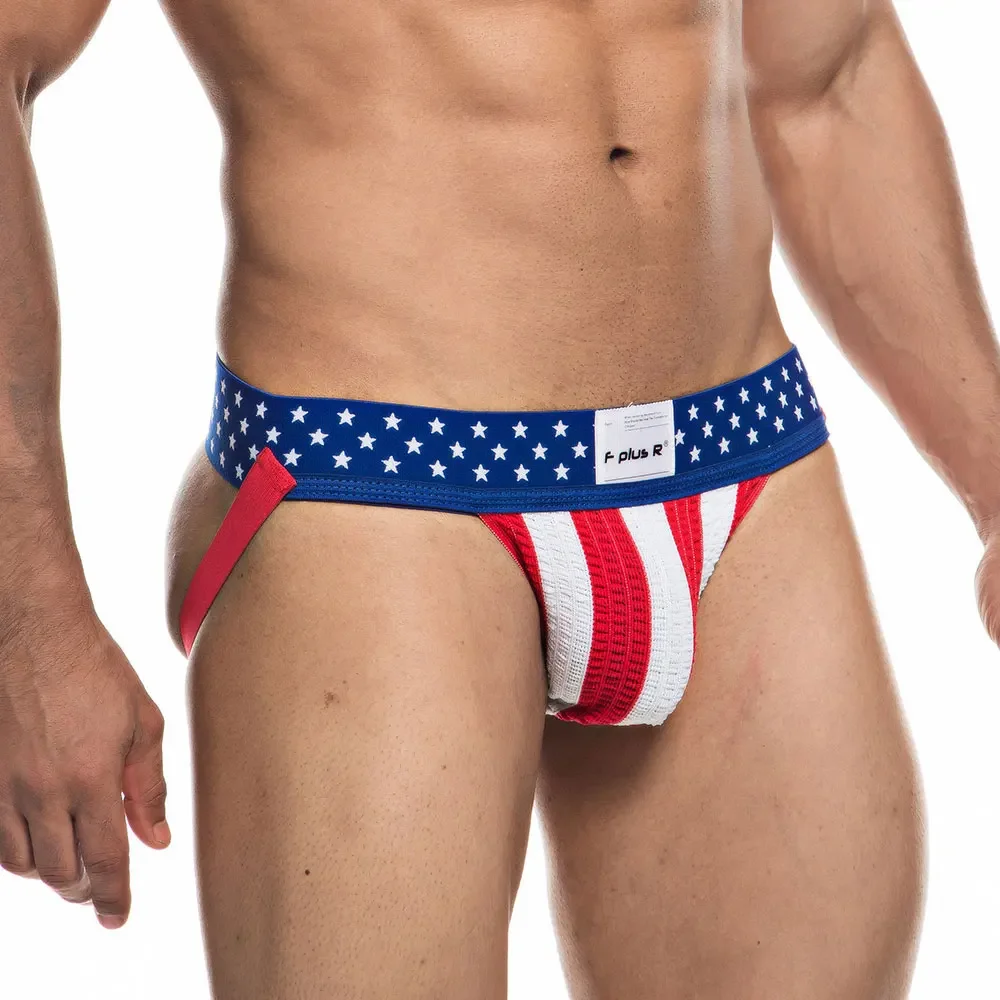 Men\'s Jockstrap Athletic Supporters Underwear, Sexy USA Flag Gym Workout Breathable Performance Jock Strap G String Thong Gay