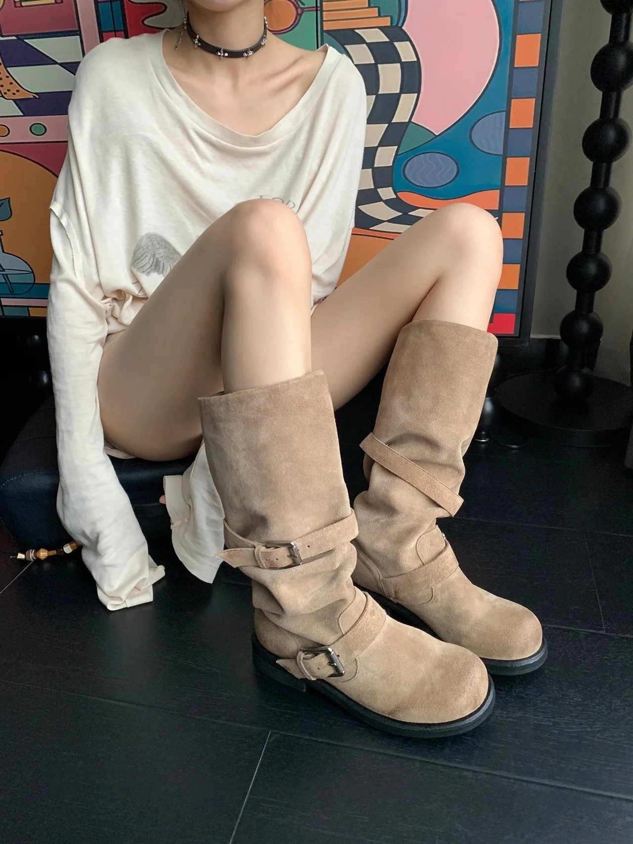 

Western Sle Pleated Belt Bule Mid-Calf Boots Women's Faion Boot Korean Version Desert Wind Small ence Design