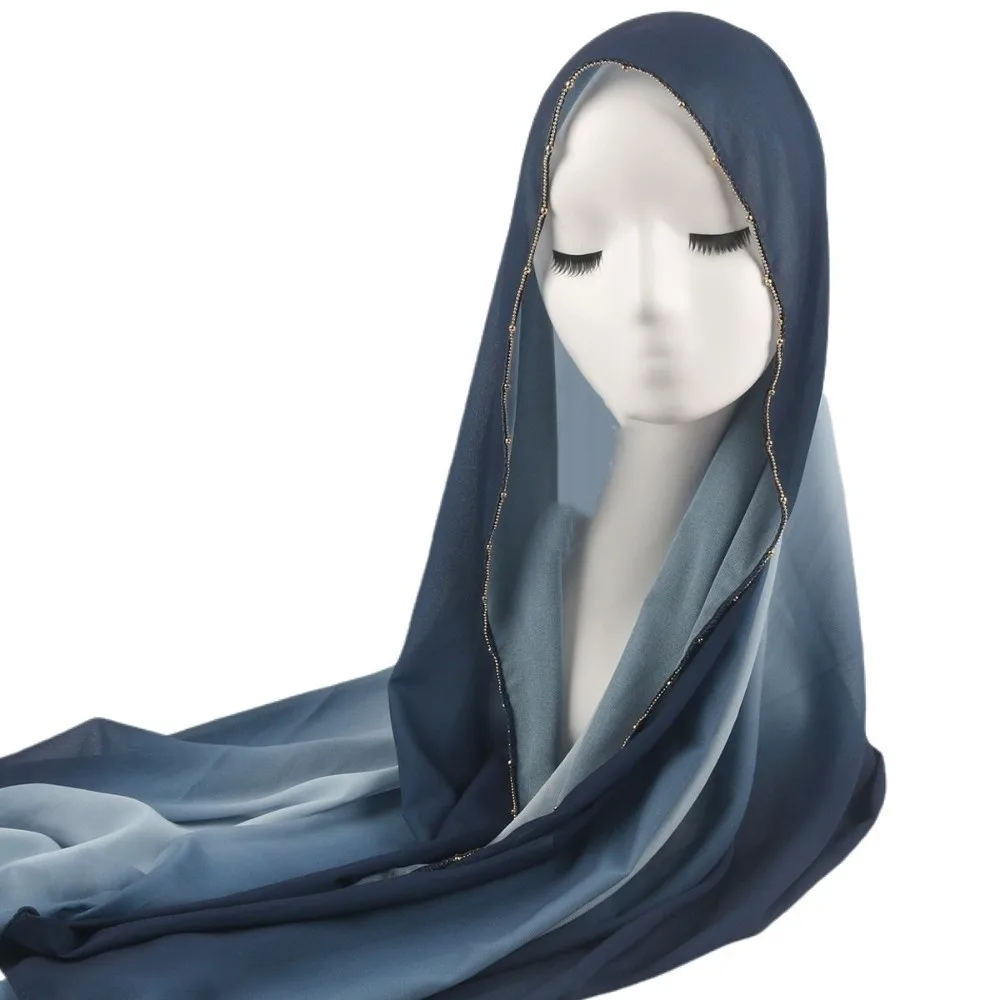 

Elegant Gradient Double Colors Ethnic Style Scarf Gold Bead Beads Chain Islamic Turban Long Thin Wraps Shawl Party