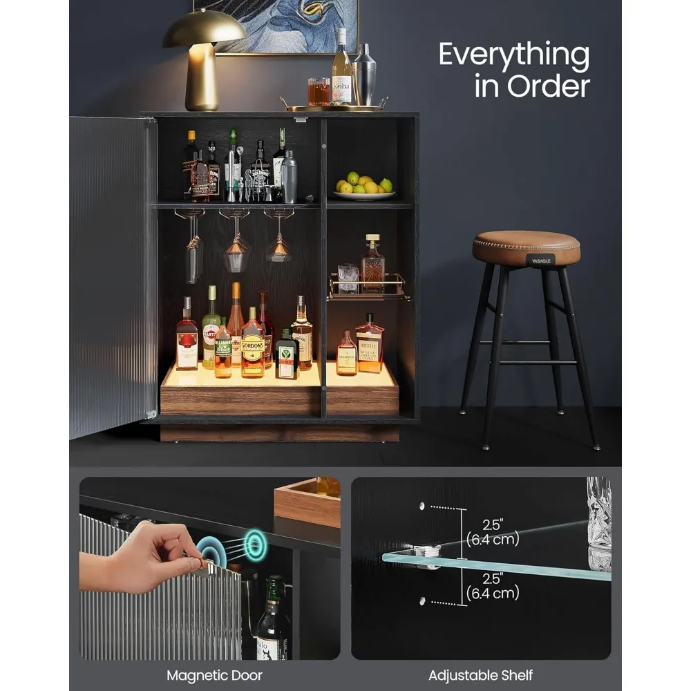 Wine Bar Cabinet with Lights, LED Sideboard Cabinet with Wine Storage, Coffee Bar Cabinet for Liquor, with Glass Holder