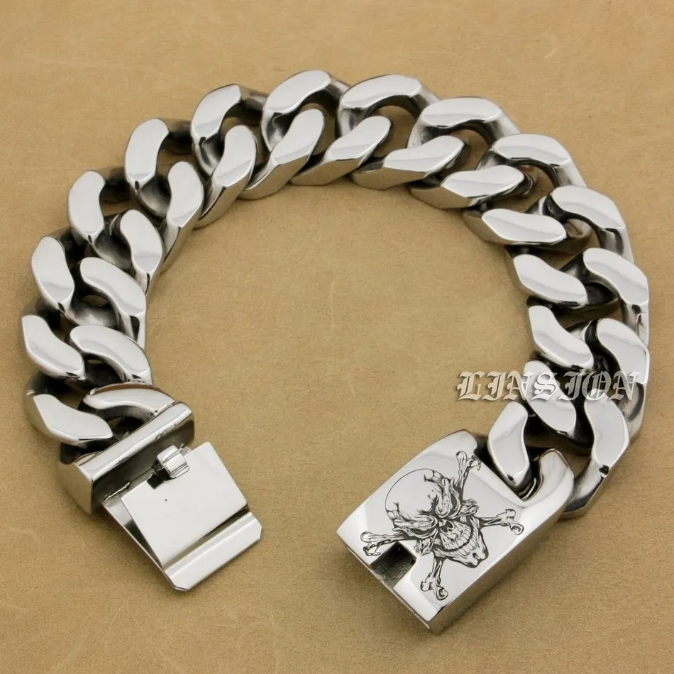 

Stainless Steel Deep Engraved Pirate Skull Bracelet Mens Punk Jewelry 5D406