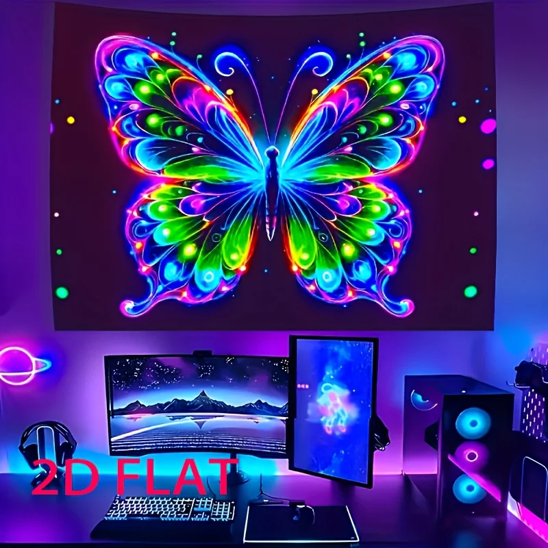 VIKAMA Neon-Schmetterlings-Wandteppich, Cyberpunk-Stil, leuchtende Dekoration, Esports-Raum, Bettkopfteil, trendige, coole Mädchenzimmer-Dekoration