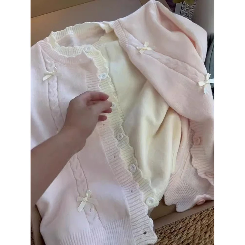 Women Colorblock Knit Cardigan Scalloped Trim Ribbon Bow Sweater Sweet Cute Long Sleeve Round Neck Kawaii Top