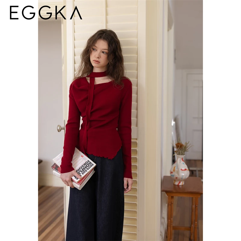 EGGKA Swing COLLAR สีแดงเสื้อแขนยาวผู้หญิงฤดูใบไม้ร่วงเสื้อถัก SLIM FIT เสื้อสไตล์เกาหลีหญิงเดินทางถักเสื้อ