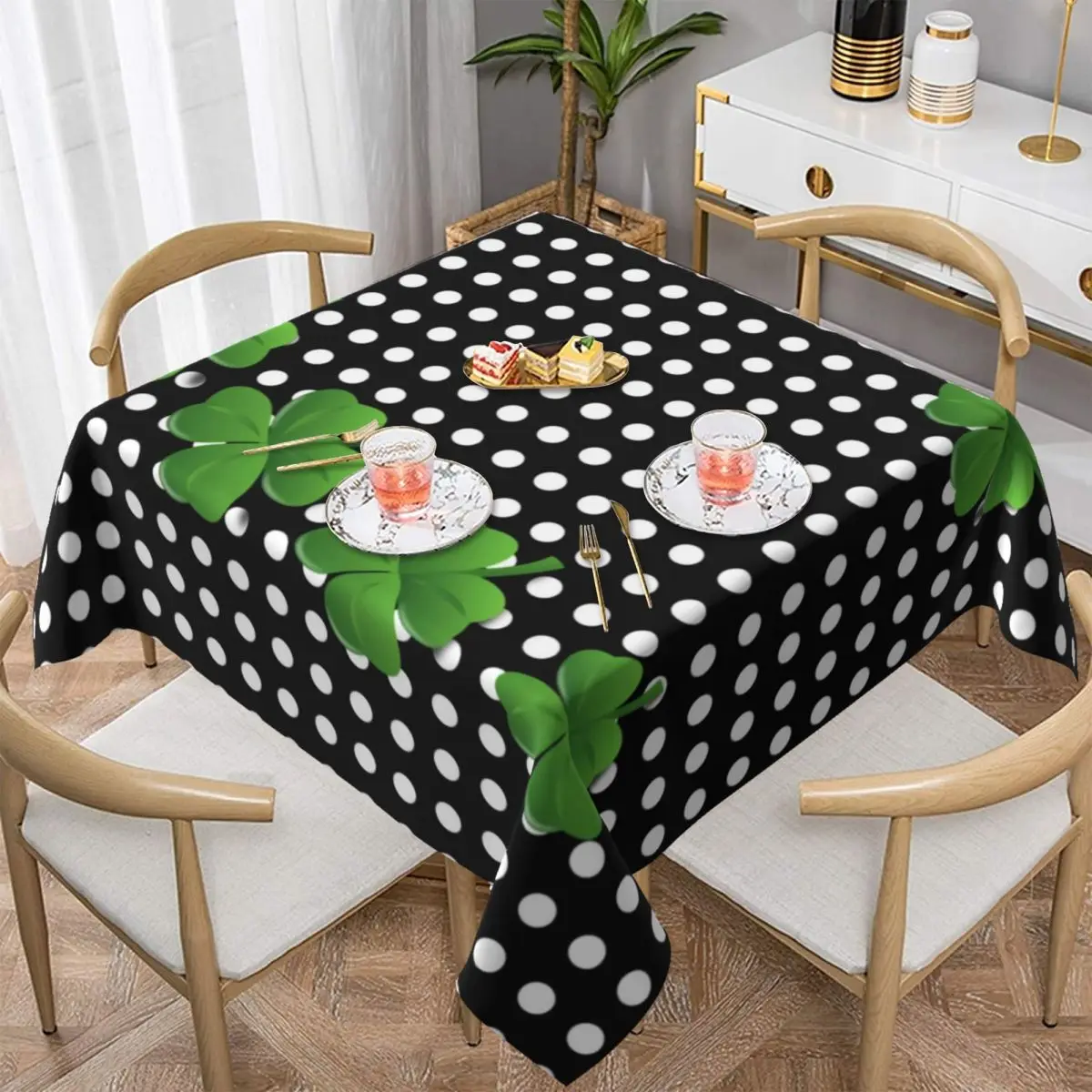 Black White Polka Dot Tablecloth St Patricks Day Irish Shamrocks Table Cloth Home Picnic Events Party Table Cover Decoration