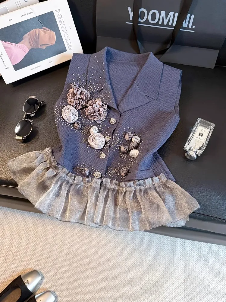 

Женская одежда, элегантный синий костюм на заказ, новинка 2025, женский модный нижний подол, сетчатый рюшами по краю, лоскутный жилет, платье, топ