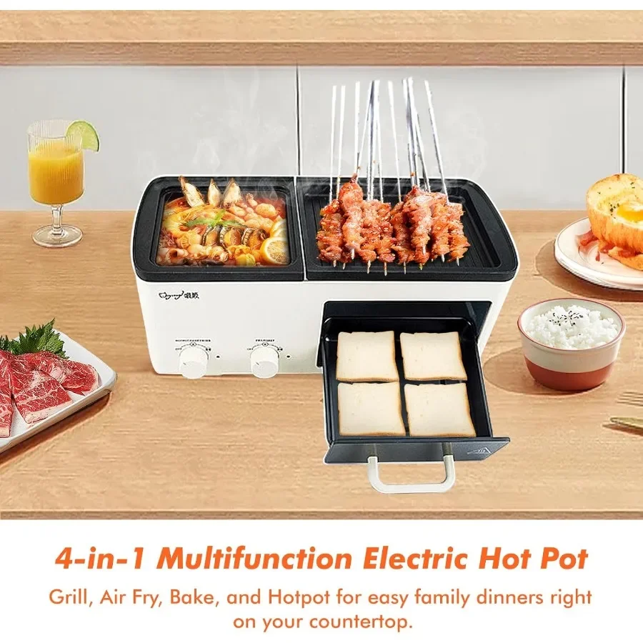 最新の4 in 1朝食メーカー、グリル、トースト、フライバスケット付き、取り外し可能なノンスティックプレート、独立したデュアル温度調節機能搭載
