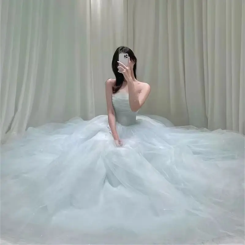 

MD Fairy Mint Green A-line Strapless Evening Dress Tulle Korea Photoshoot Floor Length Evening Gown Corset Back Customised 2025