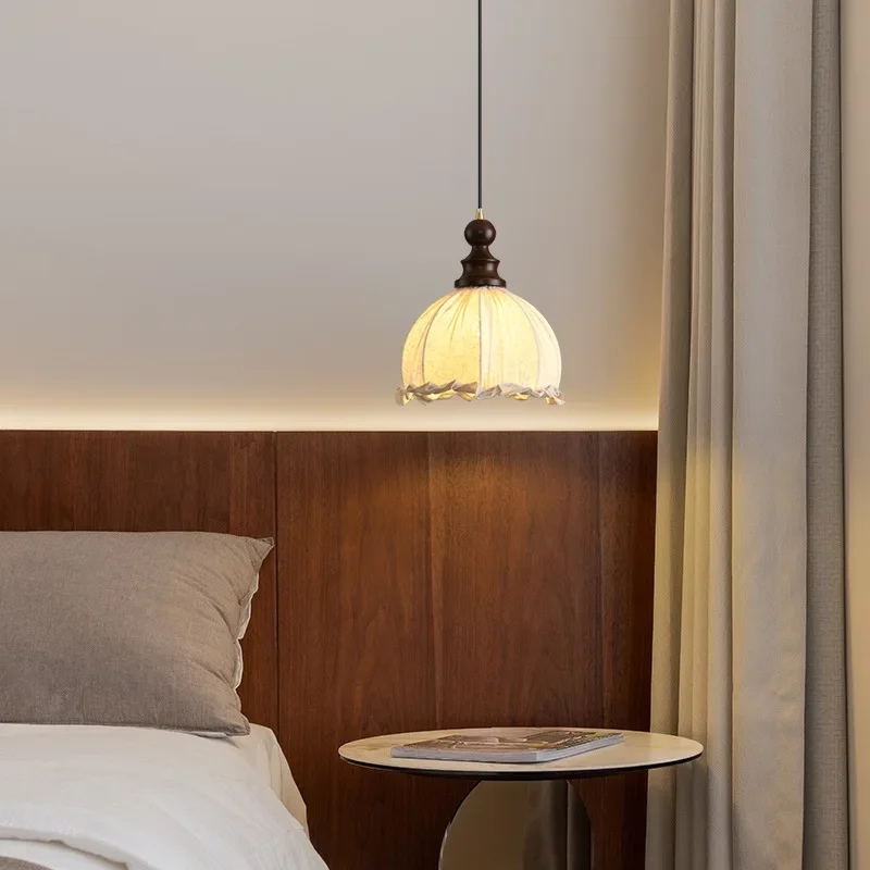 

SANDYHA Solid Wood French Fabric Pendant Light LED Lamp Stylish Lighting for Restaurant Living Room Bedroom Home Decoration