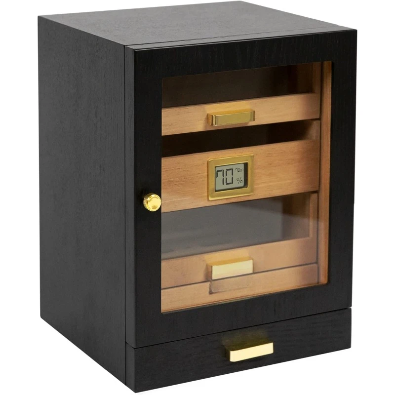 Monogrammed Luca Cabinet Humidor with thick cedar, easy humidification system, accurate digital hygrometer - Black