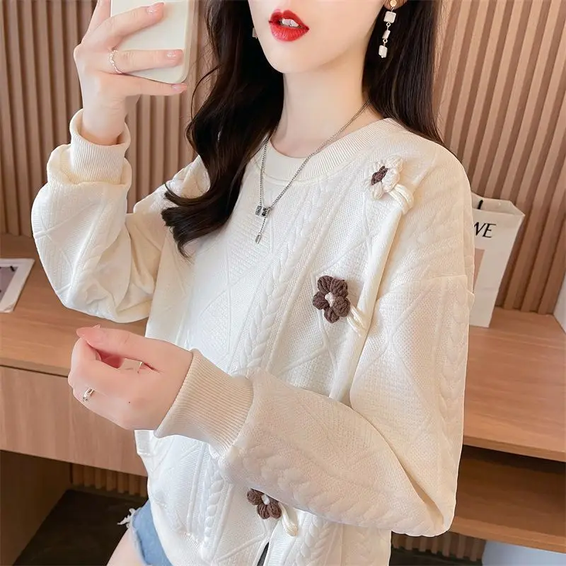 Women\'s Clothing Sweet Solid Color Pullover Flower Lantern Long Sleeve Round Neck Paisley Casual Fashion Spring Autumn Tops