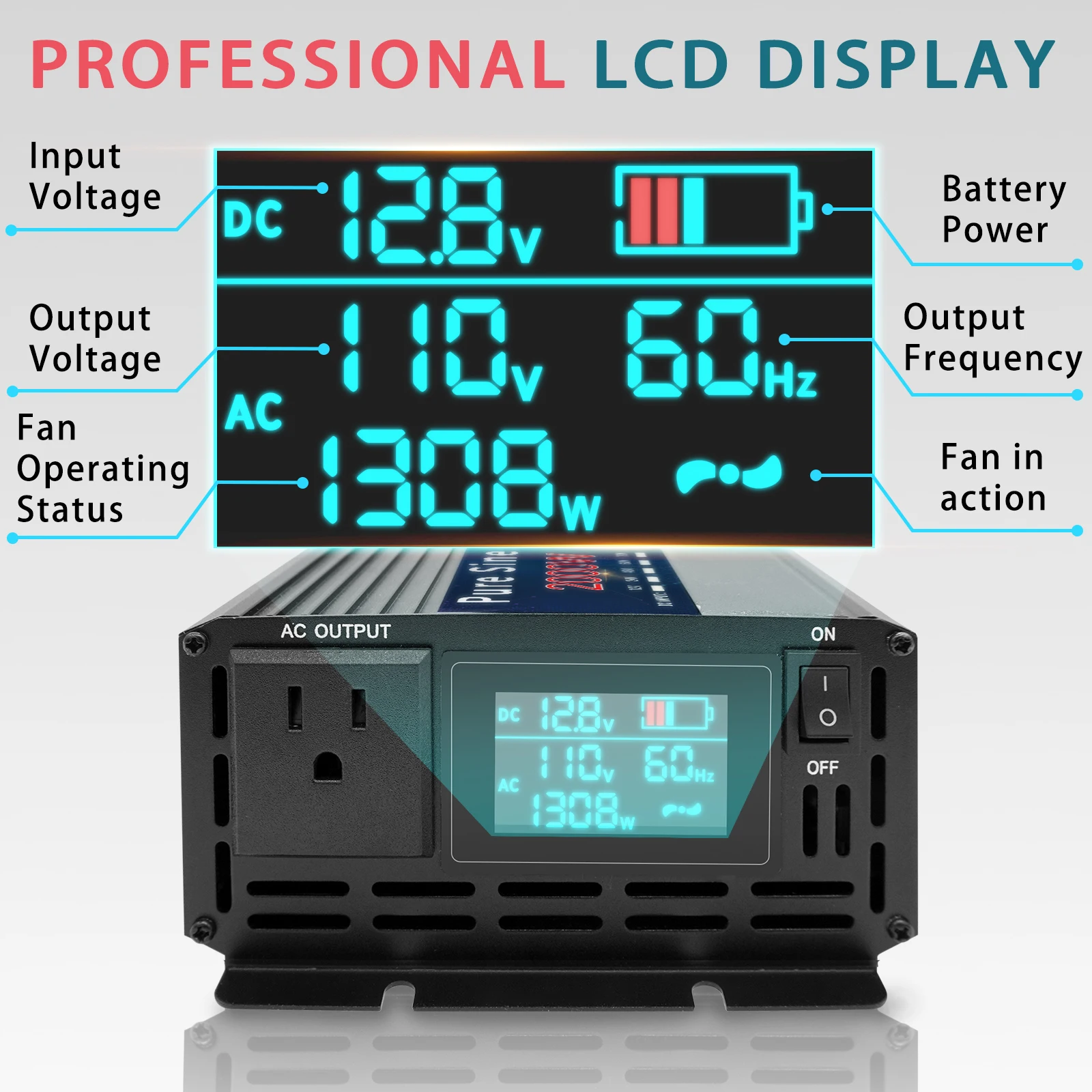 2000W Pure Sine Wave Inverter Car Power Inverter DC 12V to AC 110V Solar Power Inverter with LCD Display, AC Hardwire Port, Surg