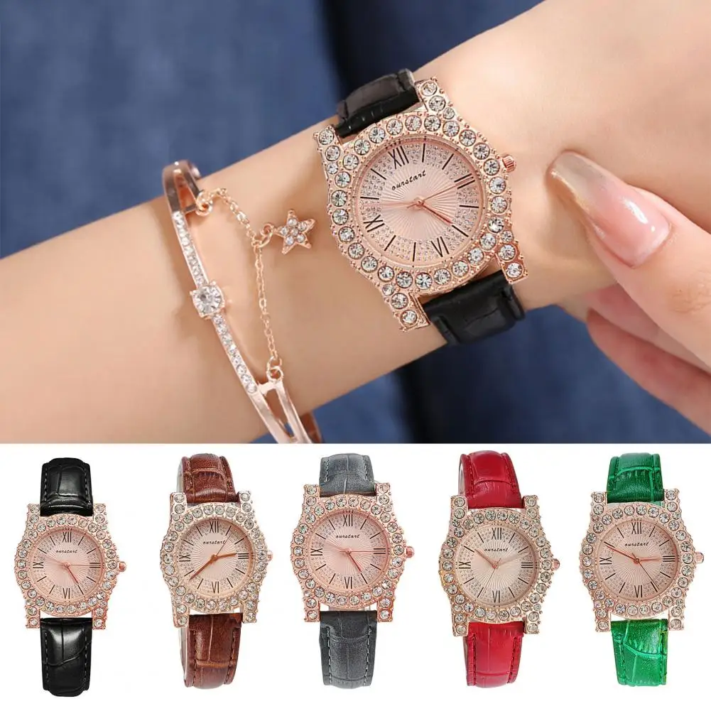 Jam tangan wanita akurasi tinggi jam tangan Quartz wanita elegan jam tangan dengan berlian buatan gaya Dial tali kulit imitasi dapat disesuaikan untuk bisnis