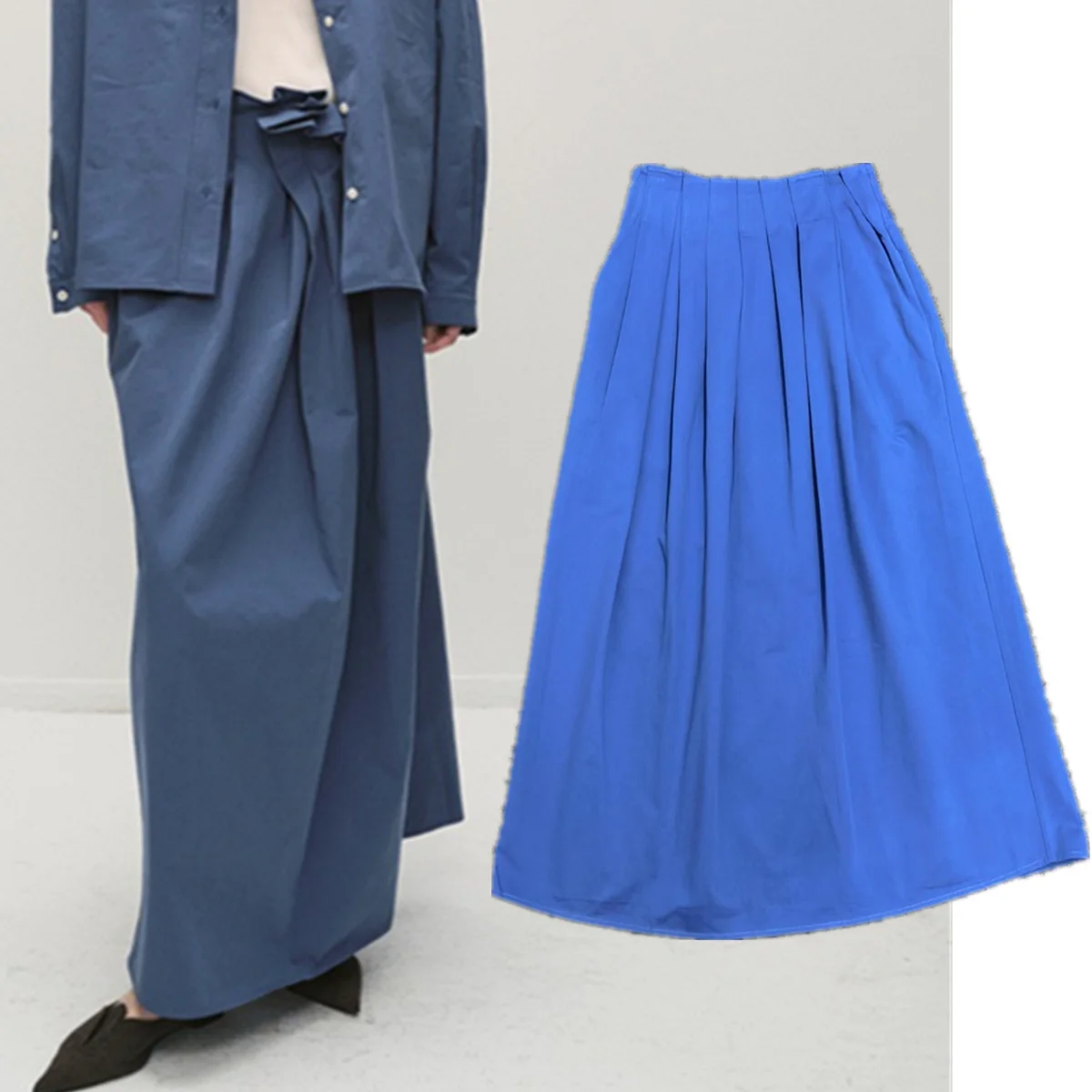 

Jenny&Dave Blue Color Fashion Office Lady Japanese minimalist Retro Cotton Elegant Midi Skirt Woman Clothing Faldas Skirts