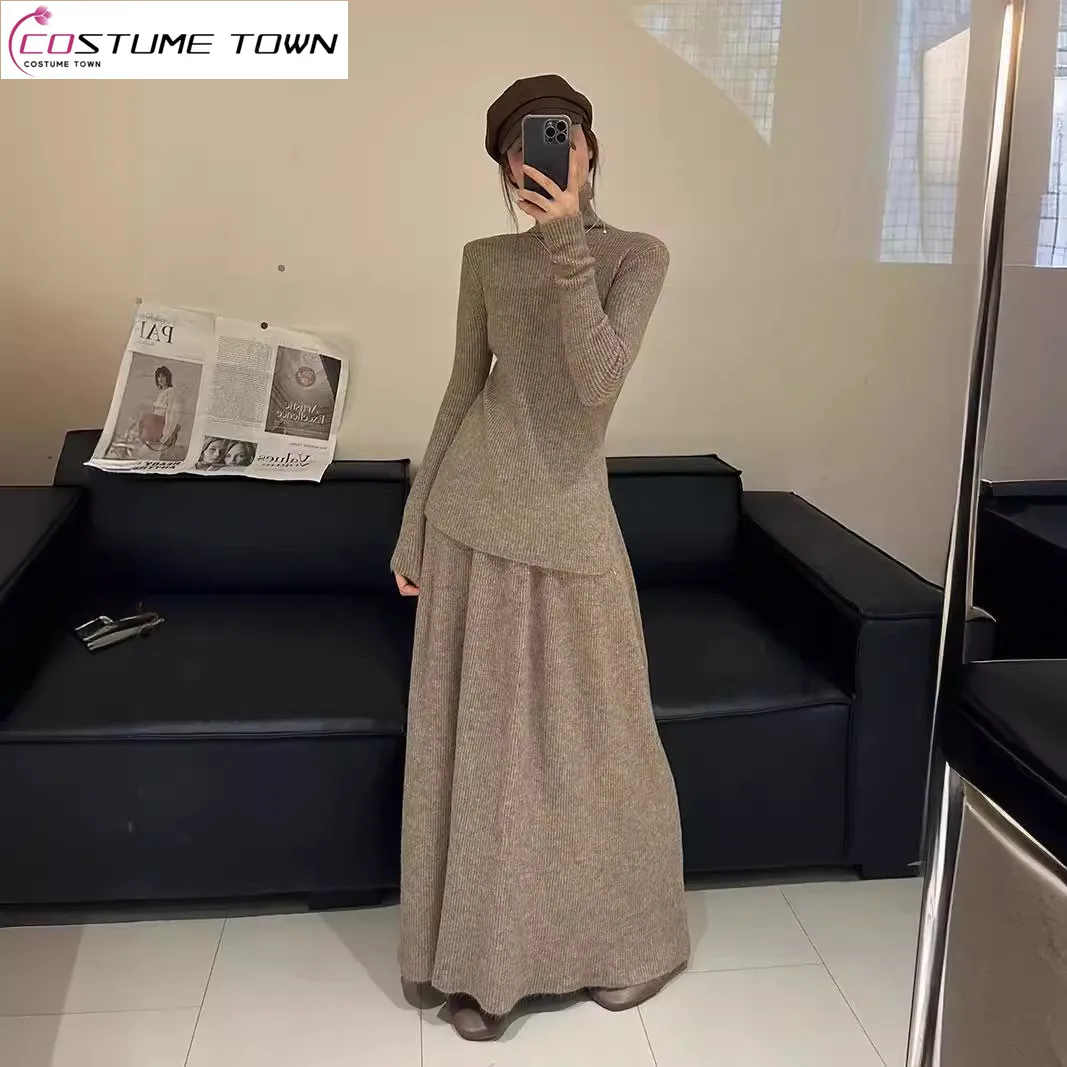 

Autumn and Winter New Fashionable High Collar Top+High Waist Skirt Style Knitted Elegant Women's Two Piece Set