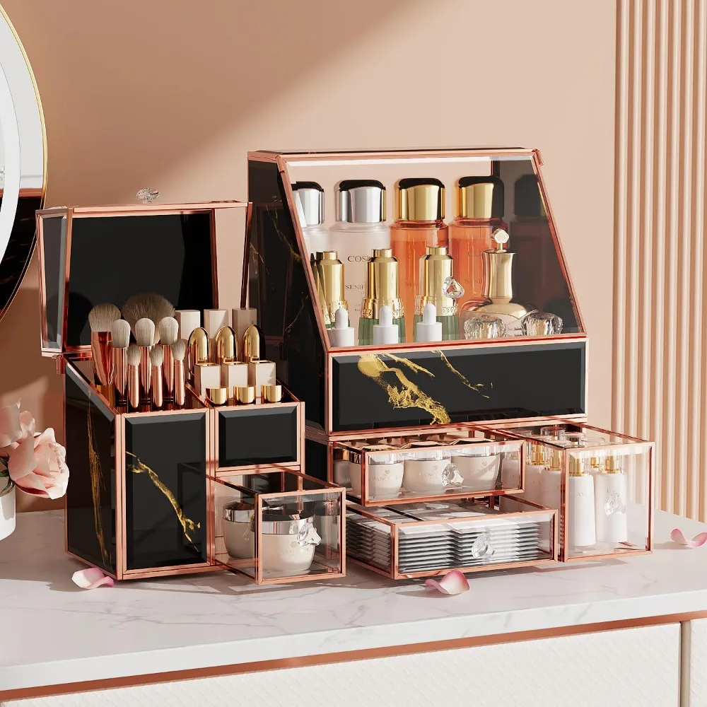 

Black Glass Makeup Organizer with Gold Trim, Multi-Layer Storage for Skincare, Perfume, Brushes & Lipsticks