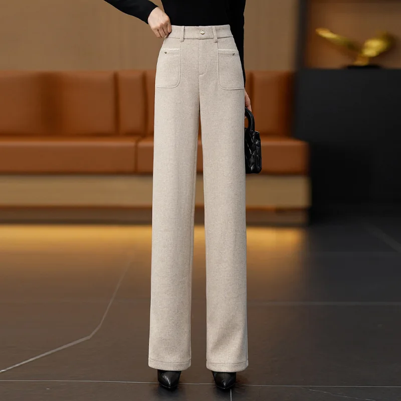 

Elegant Woolen Straight-Leg Pants for Women, and Winter, Petite, Draped, Loose Casual Pants