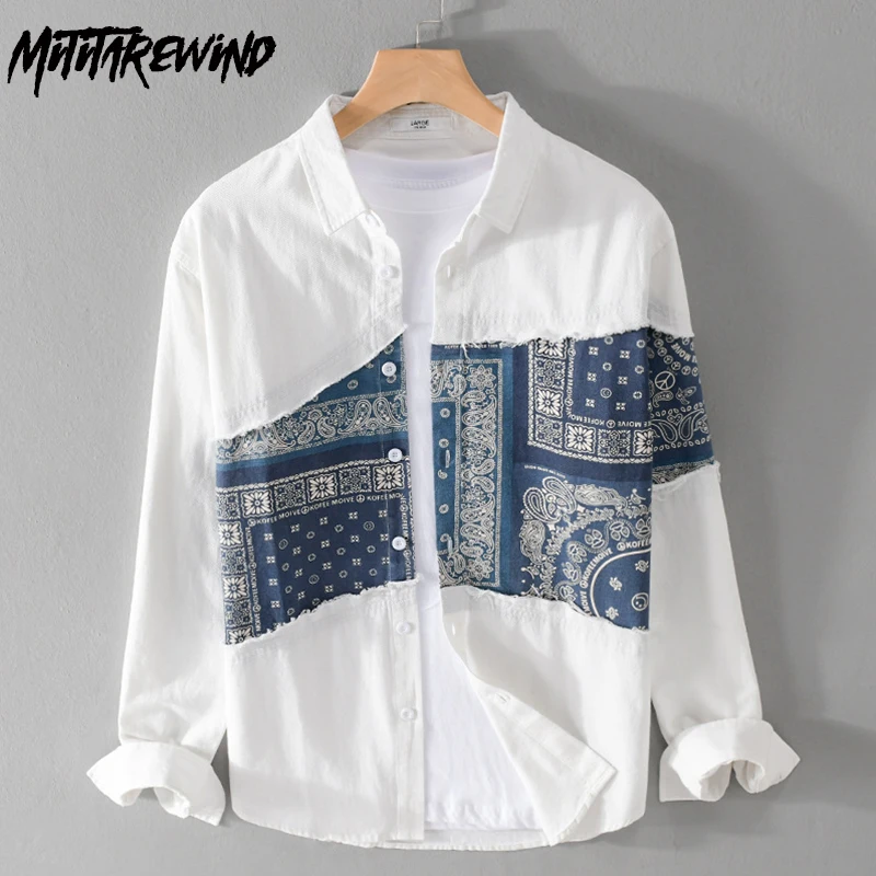 

Retro Ethnic Style Shirt Man Streetwear Causal Pure Cotton Long Sleeve White Shirt Men Paisley Patchwork Printed Shirt Fashion