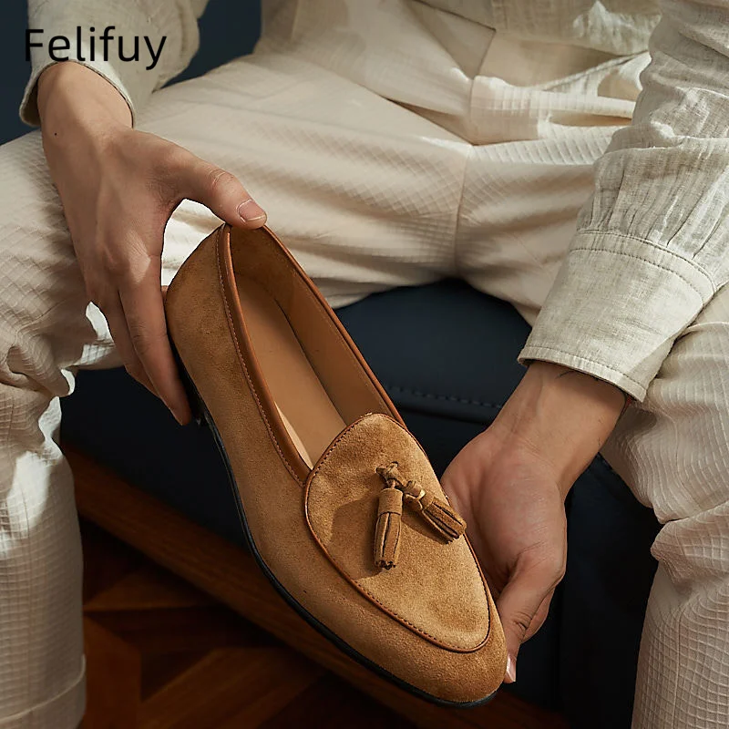 

Coffee Brown Tassel Fringe Flat Loafers Handmade Autumn Cow Suede Slip on Genuine Leather Mens Driving Boats Flats Shoes