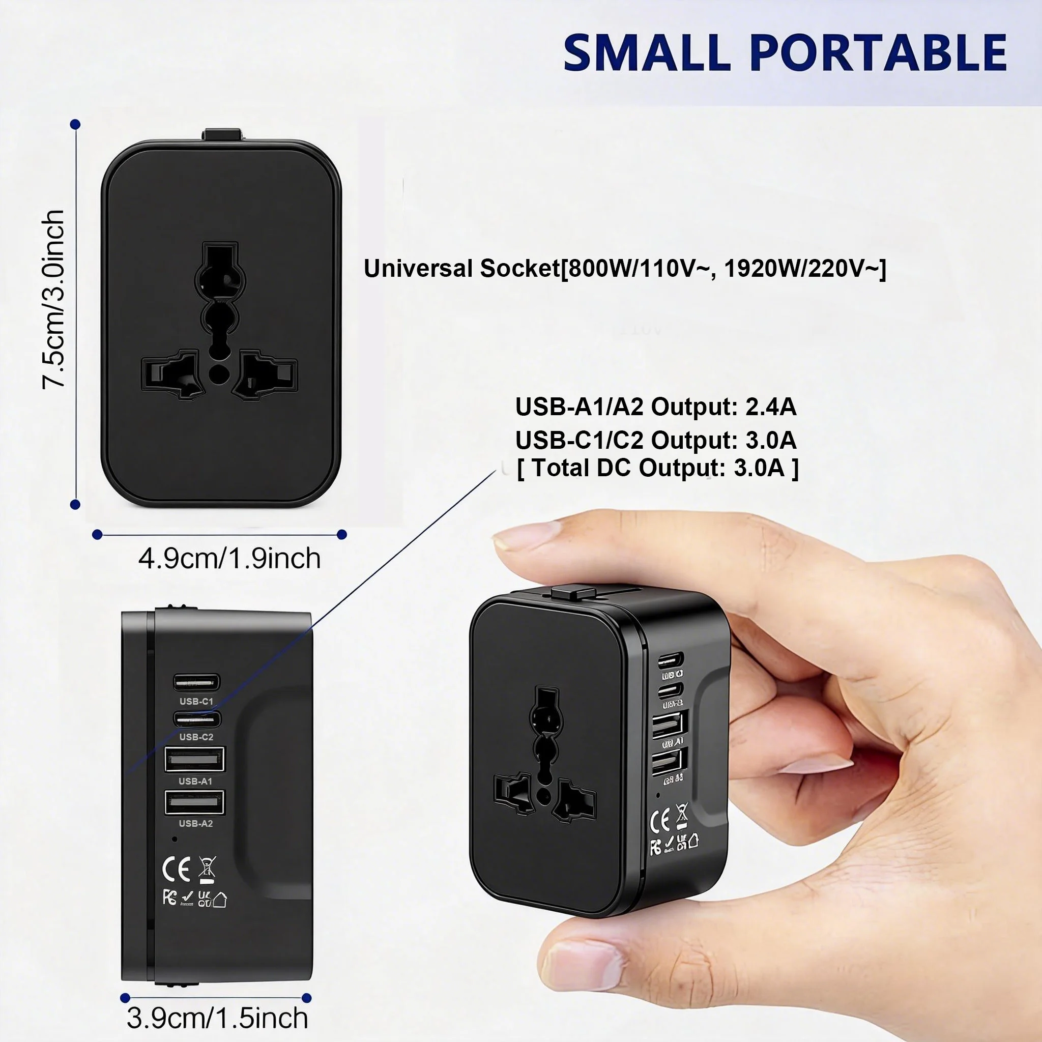 5-In-1 Travel Charger,World All In One Universal Travel Adapter, Two Type C +Two USB FAST Charging Ports For Travel, Home