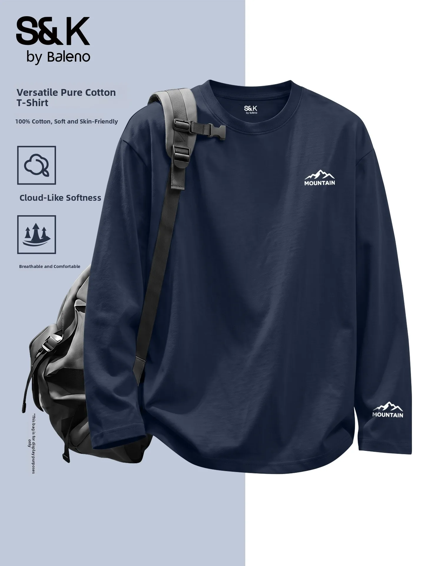 2-Pack Pure Cotton round Neck Base Shirt Men's Autumn Winter New Style American Retro Blue T-Shirt Comfortable Soft Long Sleeve