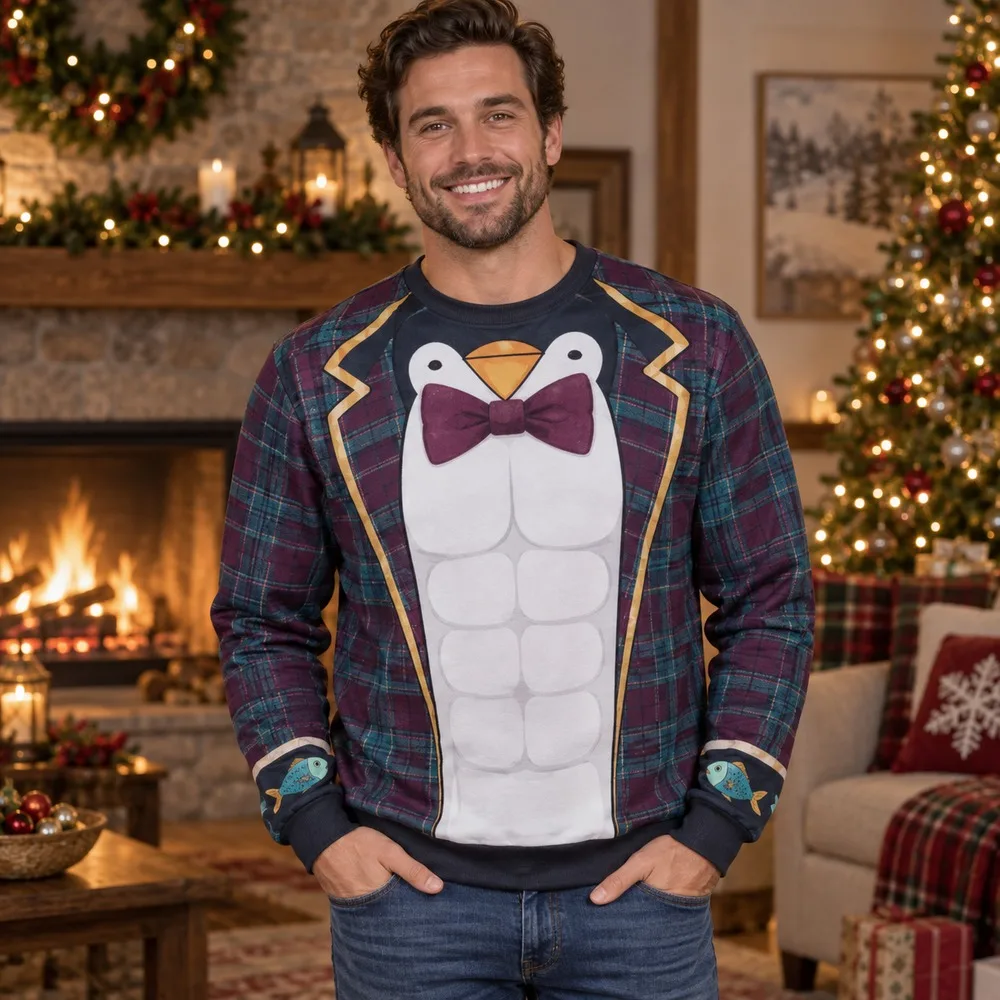 New Penguin Costume Ugly Christmas Sweater for Men Women Festive Holiday Party Crewneck Pullover Long Sleeve Winter Fake Abs