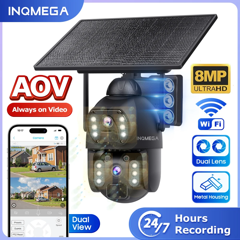 INQMEGA AOV 536 8MP With Solar Panel 360° PTZ Outdoor Security Camera 4G LTE Wifi Network 20100mAh Battery Auto Tracking IP Came