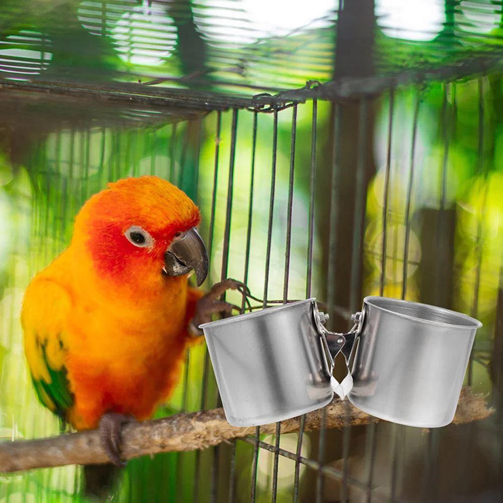 

2 Pcs Stainless Steel Feeder Large Size Bird Cages Parrot Clamp Bowls Cage Accessories Food Water Holder Use Pet